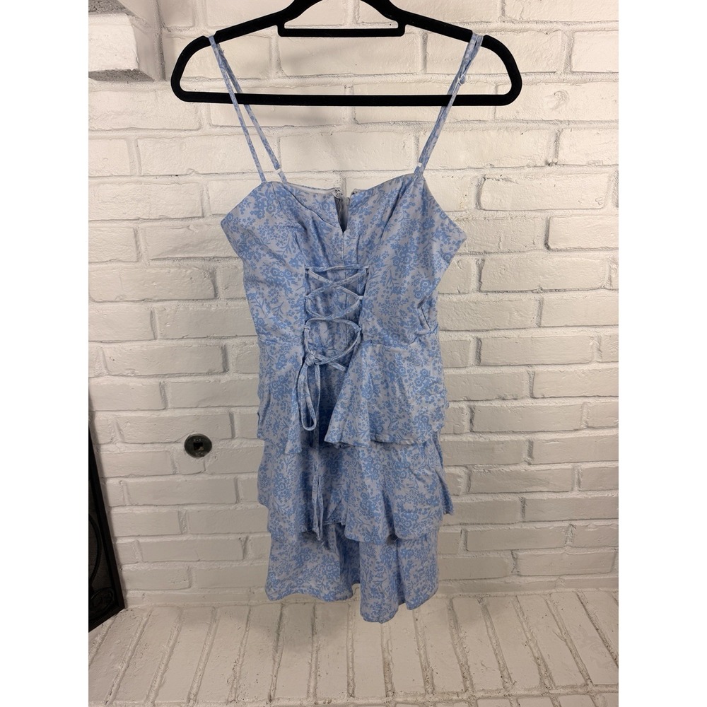Altar'd State Size L Blue Floral Corset Lace Up Tiered Mini Dress Coquette